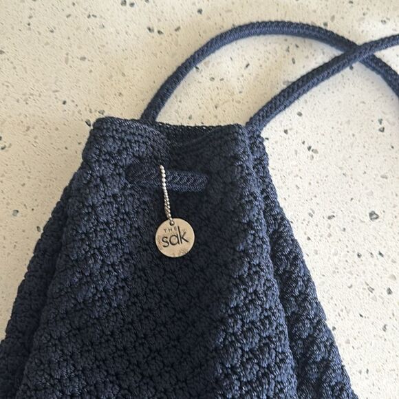 The Sak Crochet Navy Blue Backpack Drawstring Shoulder Bag Handmade EUC main image 11